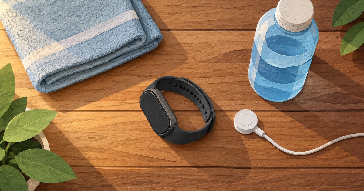 Fitness náramek na dřevěném stole vedle nabíjecího kabelu, lahve s vodou a ručníku